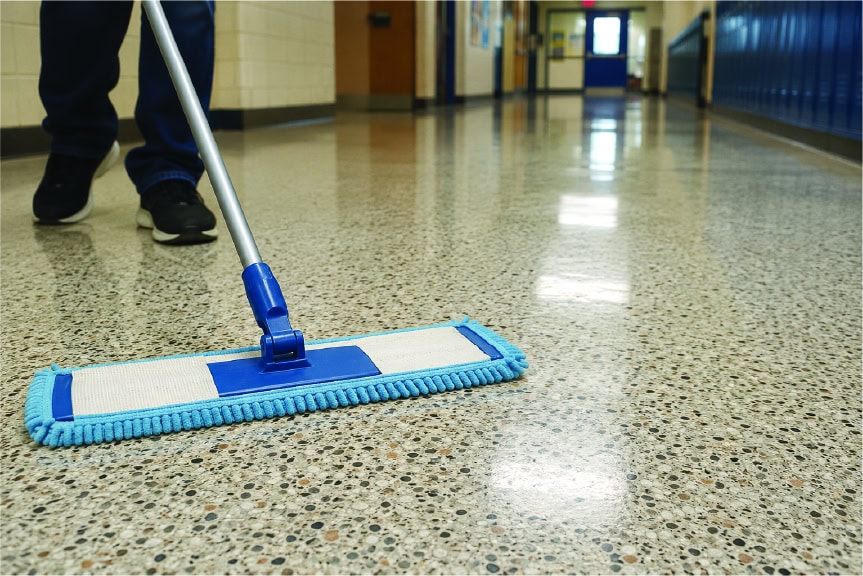 Person cleaning school hallway floor with a mop and bucket.