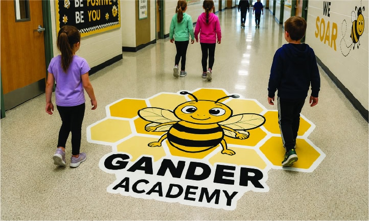 Colorful sensory path with bee design at Gander Academy hallway.