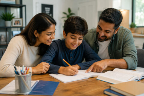 Family engaging in educational activities with books and stationery at home.